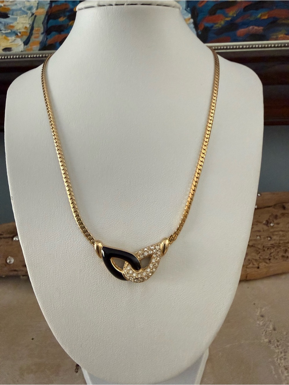 Christian Dior Vintage Gold-Plated Black & Crystal Link Necklace